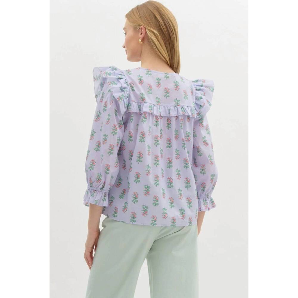 NEW ENTRO blossom ruffle shoulder blouse in blue floral - Picture 4 of 4